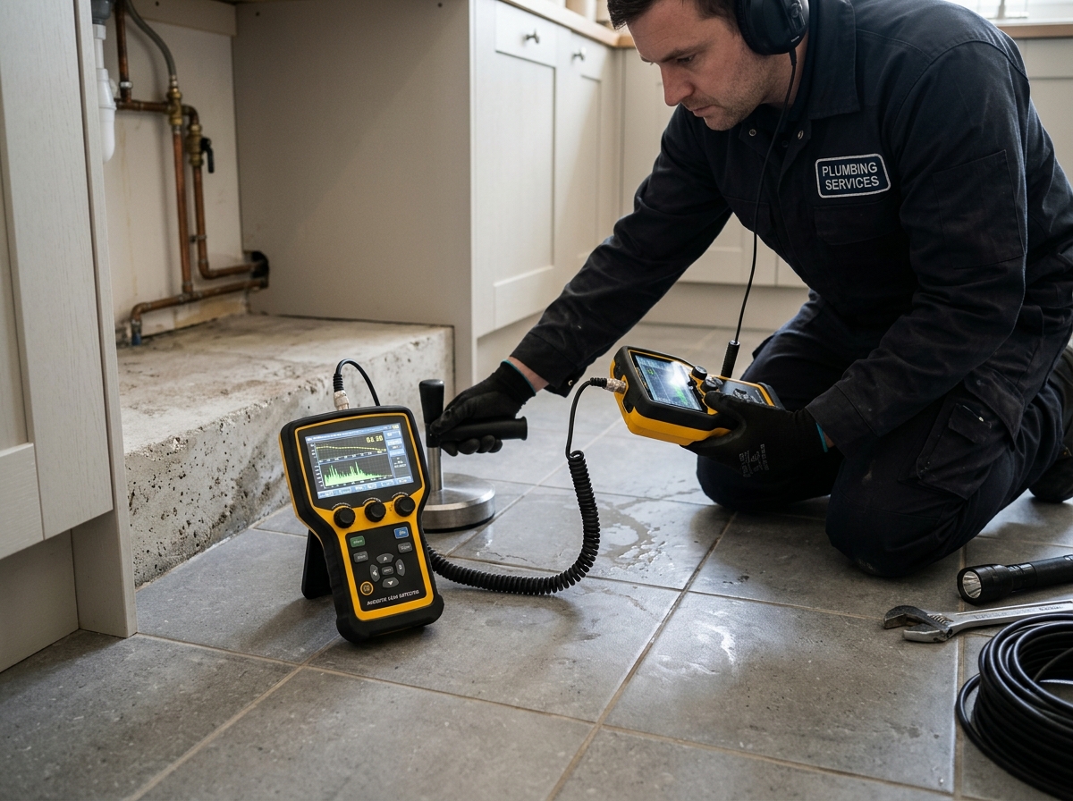 Acoustic ground sensor positioned on floor tiles for electronic leak detection in a Jupiter home